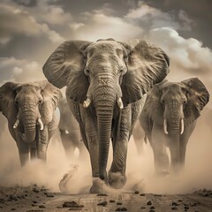 Majestic elephant herd crossing a dusty savannah, perfect for a living room or hallway, evoking a sense of grandeur and the timeless spirit of the wild.