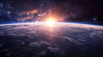 Obraz premium view earth space sun rising full young gods creation splash sunburst