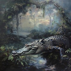 Dramatic riverbank scene featuring a stealthy crocodile, perfect for an adventurous living room or a wildlife-themed study, capturing the tension and raw power of nature.