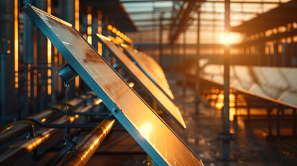 Solar thermal collectors and reflectors set up in an industrial facility, capturing and storing solar heat for energy use. , natural light, soft shadows, with copy space