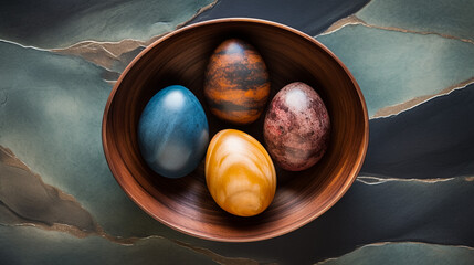 Dyeing Eggs Naturally. Eggs colored with natural dye. Easter card. Still life. Easter egg. Colorful eggs. Natural Easter egg dye. Easter rabbit. - obrazy, fototapety, plakaty