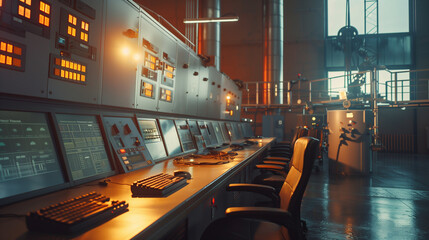 Interior of a dispatch center at a thermal energy storage plant, where operators control the distribution of stored thermal energy to the power grid. , natural light, soft shadows,