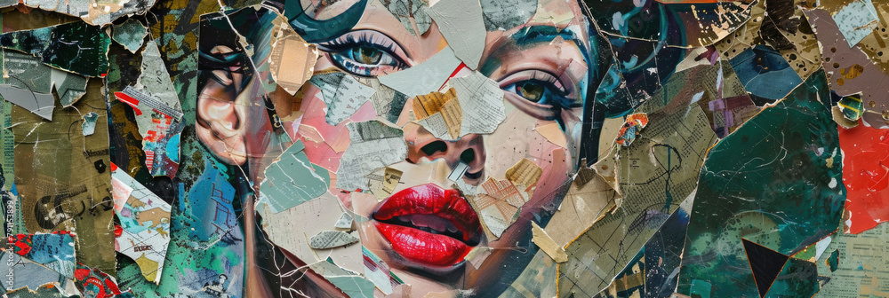 Poster a collage featuring multiple pieces of paper layered on a womans face, creating a unique and texture
