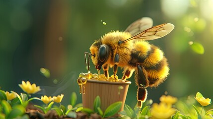 Bee character carrying bucket full of honey drawing painting art wallpaper background