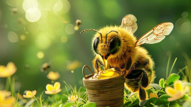 Bee character carrying bucket full of honey drawing painting art wallpaper background