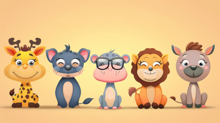 Naklejka premium Adorable group of cartoon safari animals, including a giraffe, elephant, lion, and deer, illustrated against a warm background.