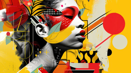 A collage featuring different angles of a womans face against a vibrant yellow background