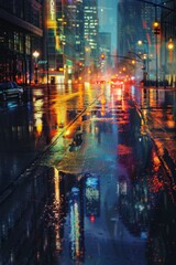 rain in the city rainy weather wet city streets Generative AI