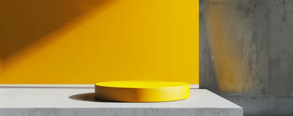 Bright yellow podium against concrete wall background with dynamic sunlight shadows