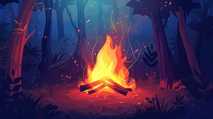 Campfire bonfire in forest meadow at night drawing painting art wallpaper background - Powered by Adobe