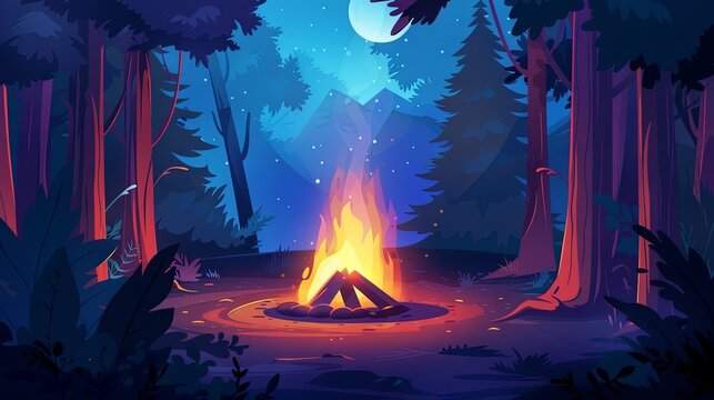 Campfire bonfire in forest meadow at night drawing painting art wallpaper background