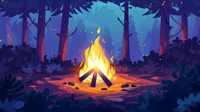 Campfire bonfire in forest meadow at night drawing painting art wallpaper background
