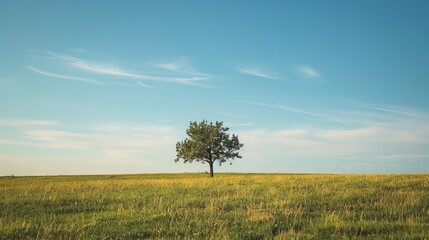 Obraz premium Resilient Lone Tree in Field: A Symbol of Strength and Endurance