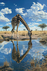 A realistic painting of a giraffe bending down to drink water from a pond