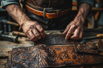 The man is using his fingers and thumbs to craft a piece of leather art on a table. He is working in a workshop, surrounded by wood, tools, and machines