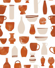 Minimalist Boho Japandi terracotta pottery and vases pattern on white background, art print