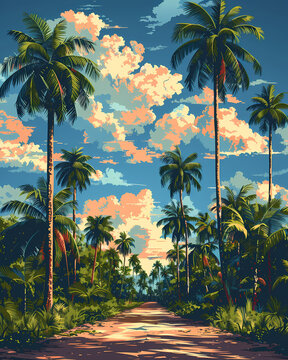 Vibrant Cambodian Roadside Painting Featuring Palm Trees and a Blue Sky in Southeast Asia Art