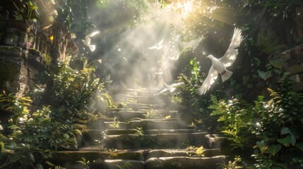 Ascending to Hope: Sunlight, Stone Stairs, and White Doves