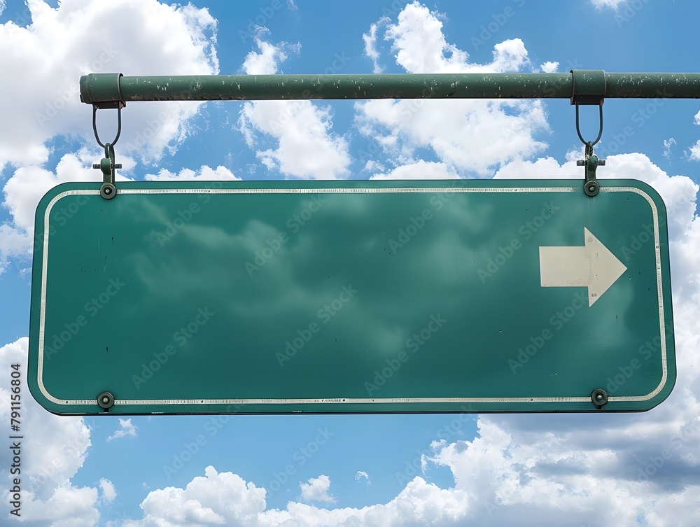 Poster A green street sign with an arrow pointing right hanging from the side of two metal arms, against a blue sky background with white clouds - Posters