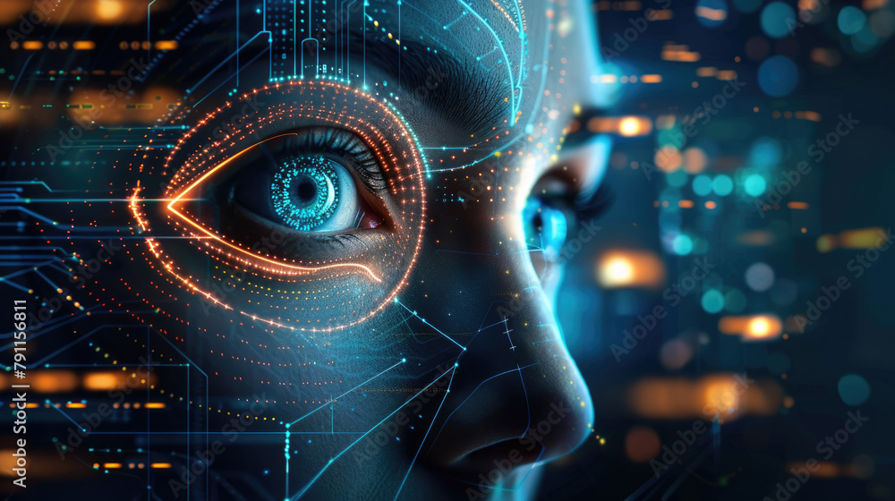 Poster a detailed close-up of a persons face with a futuristic digital interface displayed in the backgroun