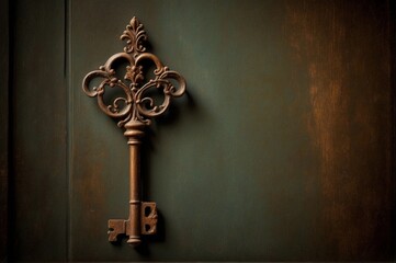 gold and vintage key with intricate details on a rusty and green textured background with space for...