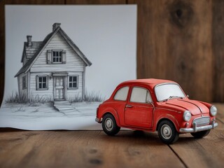 A red vintage toy car on a wooden table next to a drawing of a house - Powered by Adobe