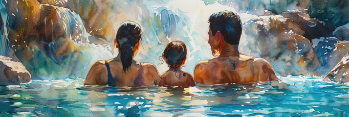 A painting depicting three individuals immersed in a pool of water, engaging in various activities