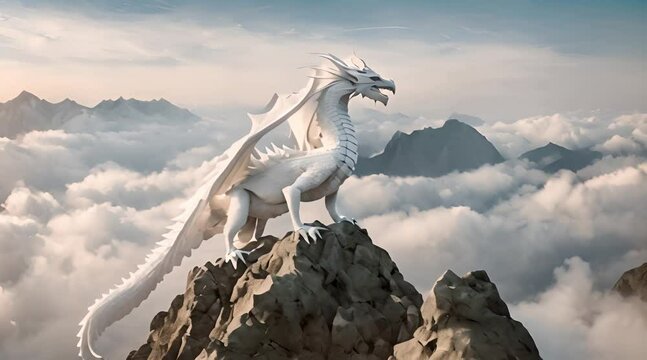 Big stunning white dragon sit on rock high above the clouds Mystical magical creature from fairy tale Sky background Monster from legends and myths Mystery wild animal from old medieval times