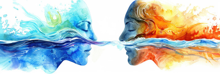 A vibrant artwork showcasing two profile views mirroring each other, one painted in cool blue tones of water, and the other with the warm orange and red tones of fire