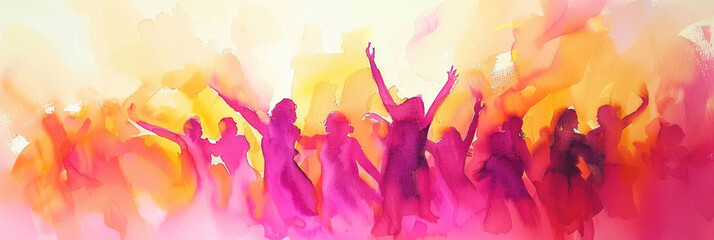 An abstract painting depicting a gathering of individuals in vibrant colors and dynamic brush strokes, showcasing a sense of movement and community