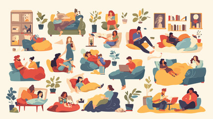 Collection of different people relax in cozy bedroo