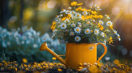 Yellow Watering Can With Daisies