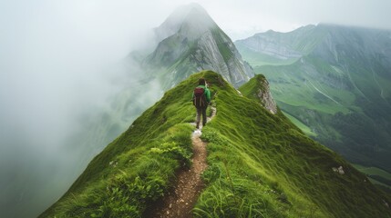 Man Hiking Up Green Mountain in Fog - obrazy, fototapety, plakaty