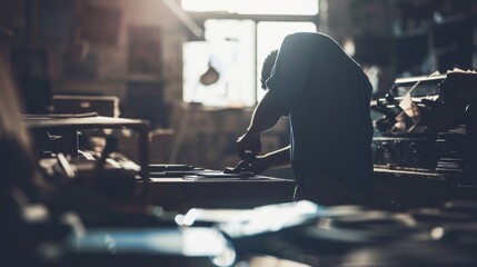 Blurred background of a darkroom highlighting the dimly lit space with soft muted tones and the faint outline of a photographer hunched over a tray of film negatives. .