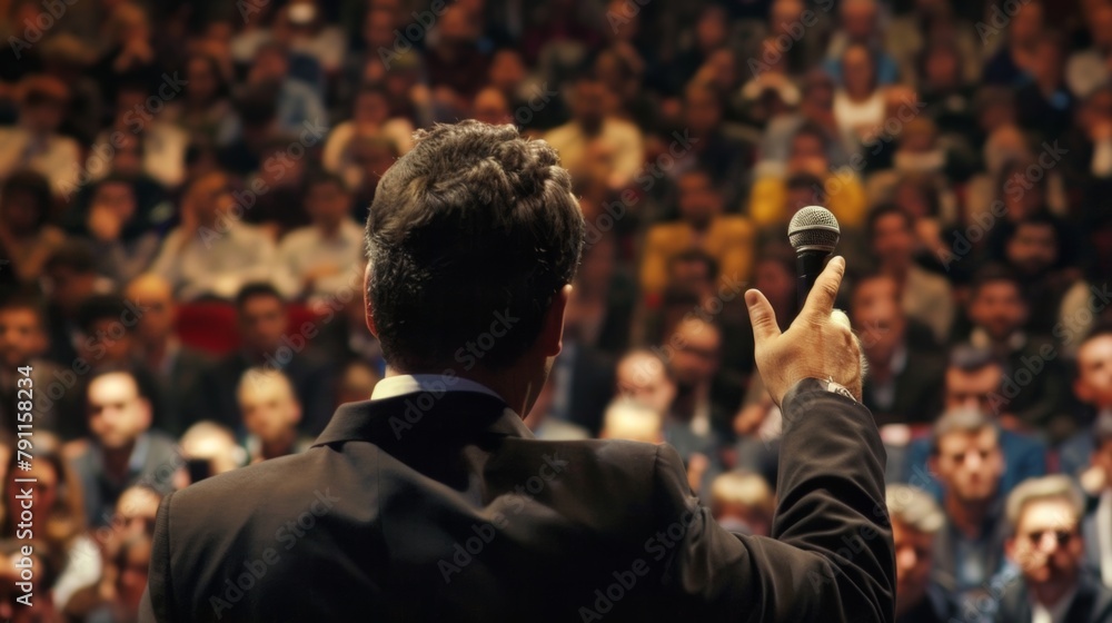 Poster a speaker addressing a large crowd eliciting strong responses and shaping the collective mindset of 