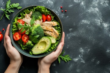 Female hands holding a nutrient-dense salad bowl filled with fresh tomatoes, chicken, avocado and green leaves