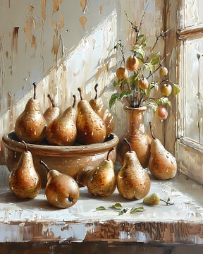 Impressionist Art Oil Painting of Pears on Kitchen Countertop in Rustic Clay Bowl with Neutral Colors and White Background
