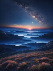 Breathtaking view unfolds where first light of dawn breaks nights darkness, illuminating serene landscape of rolling mountains veiled in mist. Sky, painted with hues of deep blue, warm orange.
