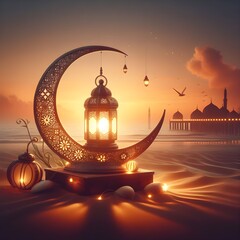 Decorative Arabic lanterns with burning candles at Half moon Shining golden bokeh lights in deserts, Eid Mubarak, Ramadan eid dul fitar Muslim holy month Ramadan Kareem, Eid ul adha, image
