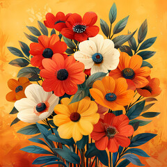 Floral Art Birthday Postcard Design: Abstract Painting with Vibrant Blooms in Red, Orange, Yellow