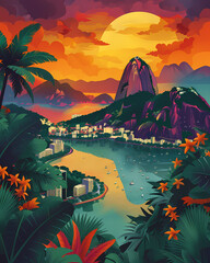 Naklejka premium Vibrant Artistic Cityscape of Rio de Janeiro with Palm Trees, Landscapes, and Mountains