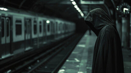 A cloaked figure stands at the edge of a train platform his face obscured by shadows as he waits for a fateful arrival. .