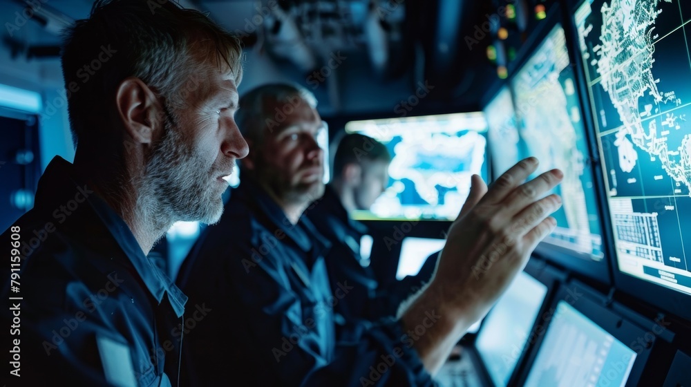 Poster a team of maritime security experts analyzing data and intelligence to proactively identify potentia