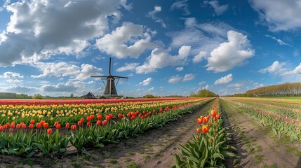 Panorama of landscape with blooming colorful tulip field, traditional dutch windmill and blue cloudy sky in Netherlands --ar 16:9 Job ID: 8a6095b8-397f-49b8-9935-9bfd157cebf7