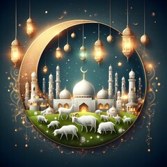 Elegant Ramadan, eid mubarak, eid aldha celebration banner with crescent moon hidden behind mosque and title Eid Mubarak aside,image. happy holiday, with lamps stars, cloud, mosque

