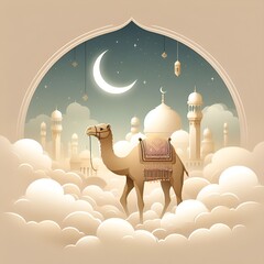 Eid mubarak, eid al adha mubarak with a camel and with a cloudy background with mosque , moon, lamps, stars  muslim festival 2024. Eid celebration, ai generated images