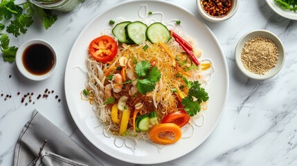 Fried Vermicelli Dish with Spices Vegetables and Pickled Cucumber on White Plate