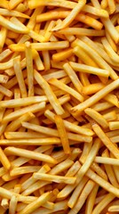 A pile of French fries neatly arranged on a wooden table, ready to be enjoyed.