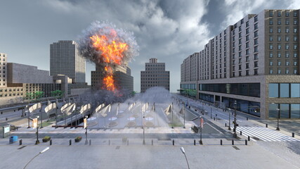 攻撃される未来都市の風景　3DCGレンダリング - obrazy, fototapety, plakaty