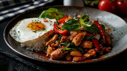Fototapeta premium A plate featuring a combination of rice, meat, and various vegetables on a black background.